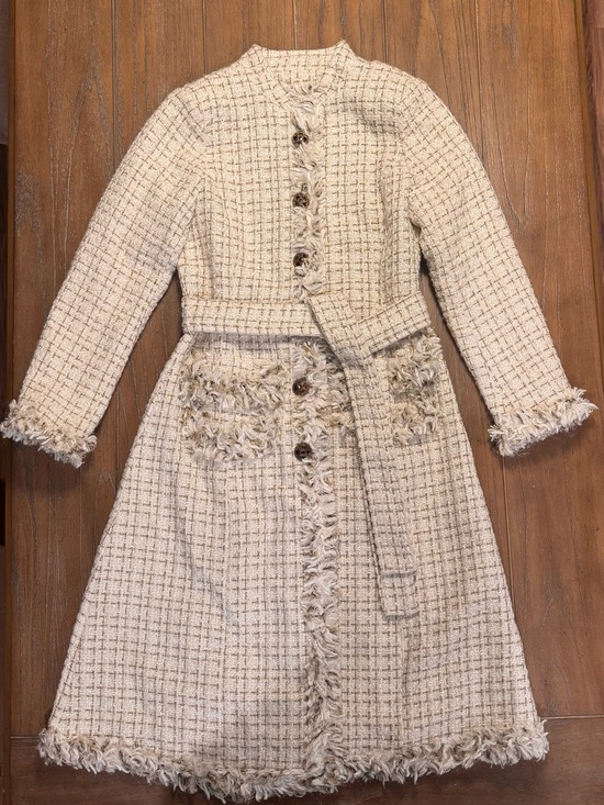 Jackets & Blazers - Cream Tweed Belted Long Coat with Fringed Trim #91